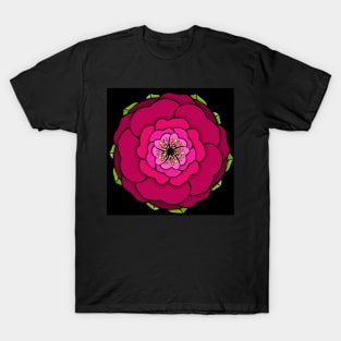 Graphic flower in red-pink tones on black background T-Shirt